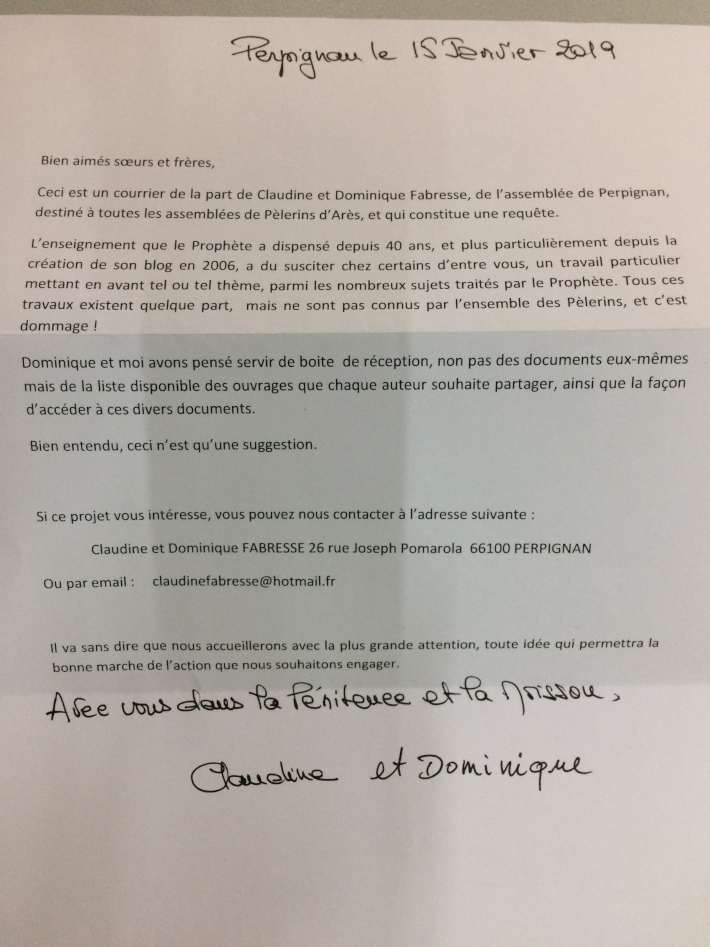 Lettre de Claudine et Dominique F.