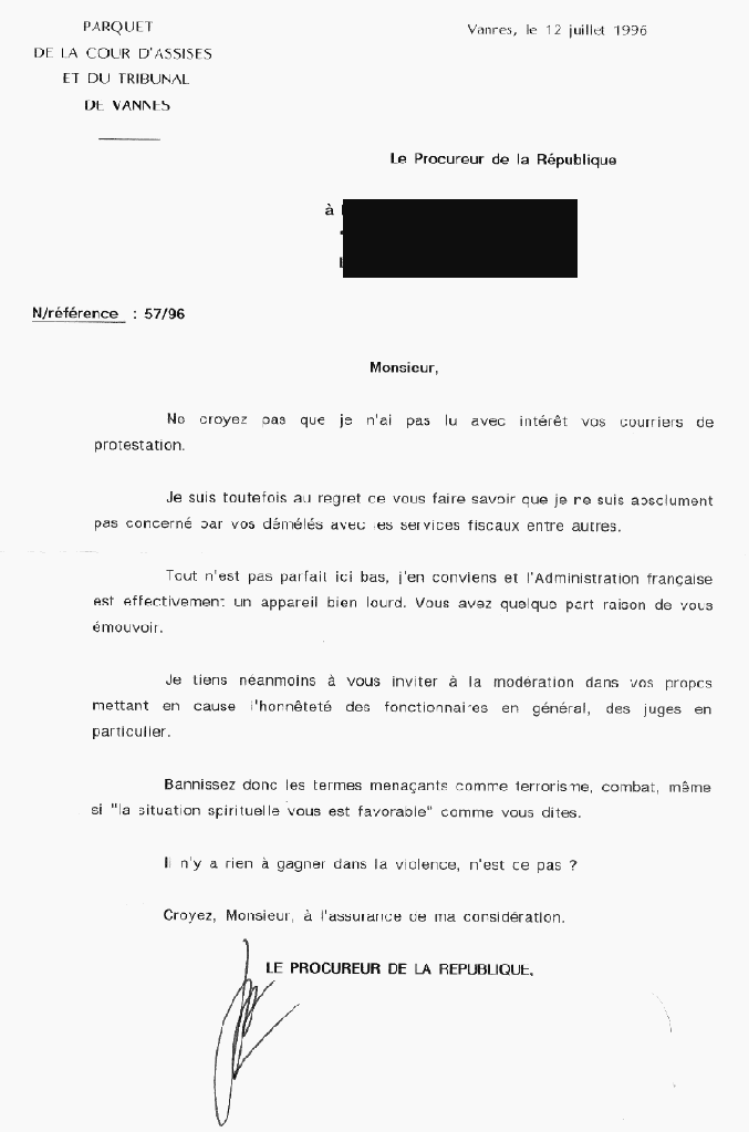 Lettre Procureur de la République à Jacques p. 1996