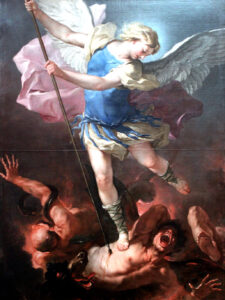 Michael brings down the devil (Book of Revelation 12/7-9).That's a myth, but it hides a truth: Evil is destructible, man can bring down Evil, the creator of which he is. The weapon to win is penitence, not a spear. (Source&nbsp;: wikimedia)