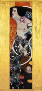 (Judith by Gustav Klimt)Judith's story is hyperbolic. Holofernes beheaded is Evil, that is, yesterday and today. Judith is Beauty (12/3) that is, tomorrow and the Day (31/8). ({{PD-US}}, wikimedia)