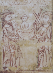 Both apostles James with a pilgrim's staffand Andrew with his typical cross lift a soul up to Heaven(St-Andrew Cathedral, Bordeaux, France) (Source&nbsp;: M. Gaborit, Des Hystoires et des couleurs, p. 177-180).