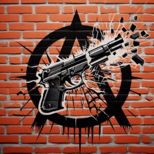 The rifle broken and anarchism (a piece of graffiti) The logo does not remind of penitence, so it is not ours, but we have to remind that we will some day through love join others that make headway through anger for the time being. (Source : Designer IA Microsoft)