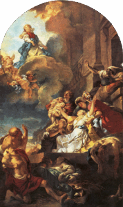 An instance of superstition of maximum size&nbsp;:The people of Paris begging for "saint" Genevieve's help. The canvas is covered with materiality, carnality, theatrical miseries&nbsp;; a little bit of spirituality at the top all the same, but Genevieve might as well be Hera, Gaia, Athena or Tyche (a painting by Jean-Gabriel Doyen, st-Roch church, rue st-Honoré, Paris) (Photo&nbsp;: Wikimedia)
