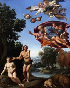 God's Wrath painted by Domenichino (circa 1623, Italia)The artitst sees God's Wrath as that of a boss surrounded with his staff of sychophant cherubs, irked by his unruly inferiors (Adam & Eve clumsily giving their reasons ), who dismisses them (Genesis 3/23). (Musée des Beaux-Arts de Grenoble, wikimedia)