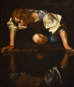 Narcissus gazing at his reflection. The Self is painted by Caravaggio as the impossibility of seeing anything else than oneself, but the Self possibly can be something else, really. (Photo&nbsp;: Carole Raddato from FRANKFURT, Germany - Wikimedia)