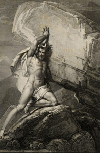 The indefinitely repeated cycle of short lives and deaths,of the ever-renewed actions of men who want a better world , but never make it better, make as little sense as Sisyphus' endless effort to push his boulder up a mountain from which it falls again and again. This eternal punishment that sinful man inflicts on himself can cease, if he becomes aware of the eternal Life lodged in his inner. (Matthäus Loder: Sisyphus, Wikimedia{{PD-US}})